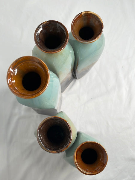 Elements Reactive Set of 5 Glazed Blue Brown Pottery Vases
