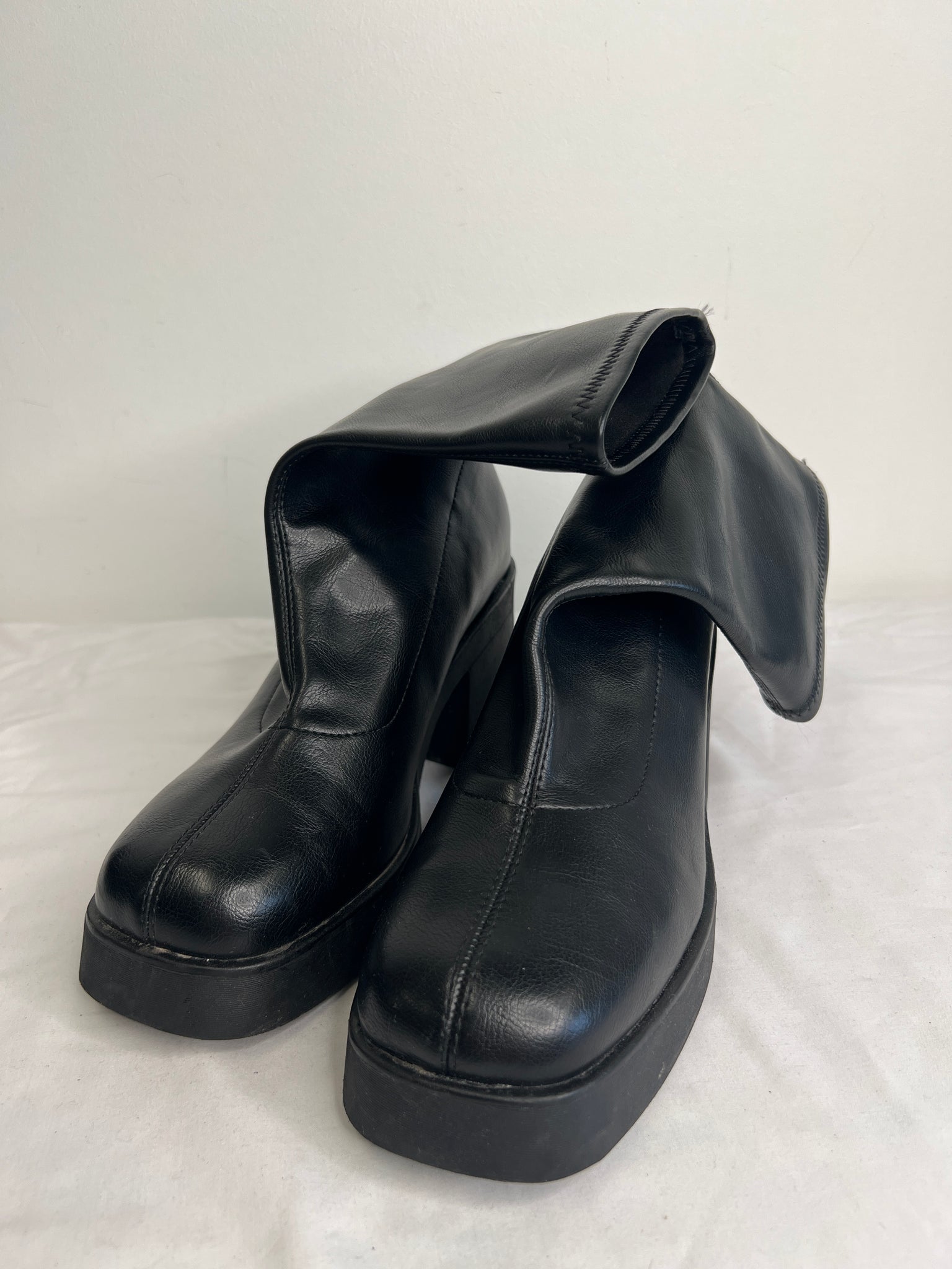 Call It Spring Steffanie Black Chunky Block Heel Vegan Leather Mid-Calf Boots (US 9)