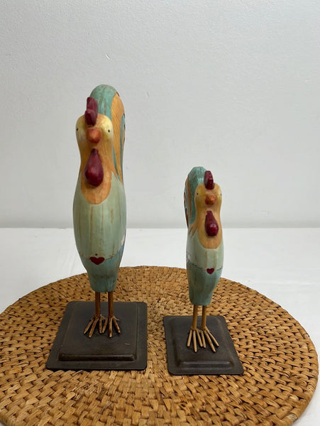 Set of 2 Russ Berrie Folk Art Rooster Handpainted Figurine Decor