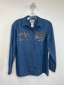 Vintage Tradition Country Collection Denim Orchard Scene Embroidered Long Sleeve Button Up Shirt (S)