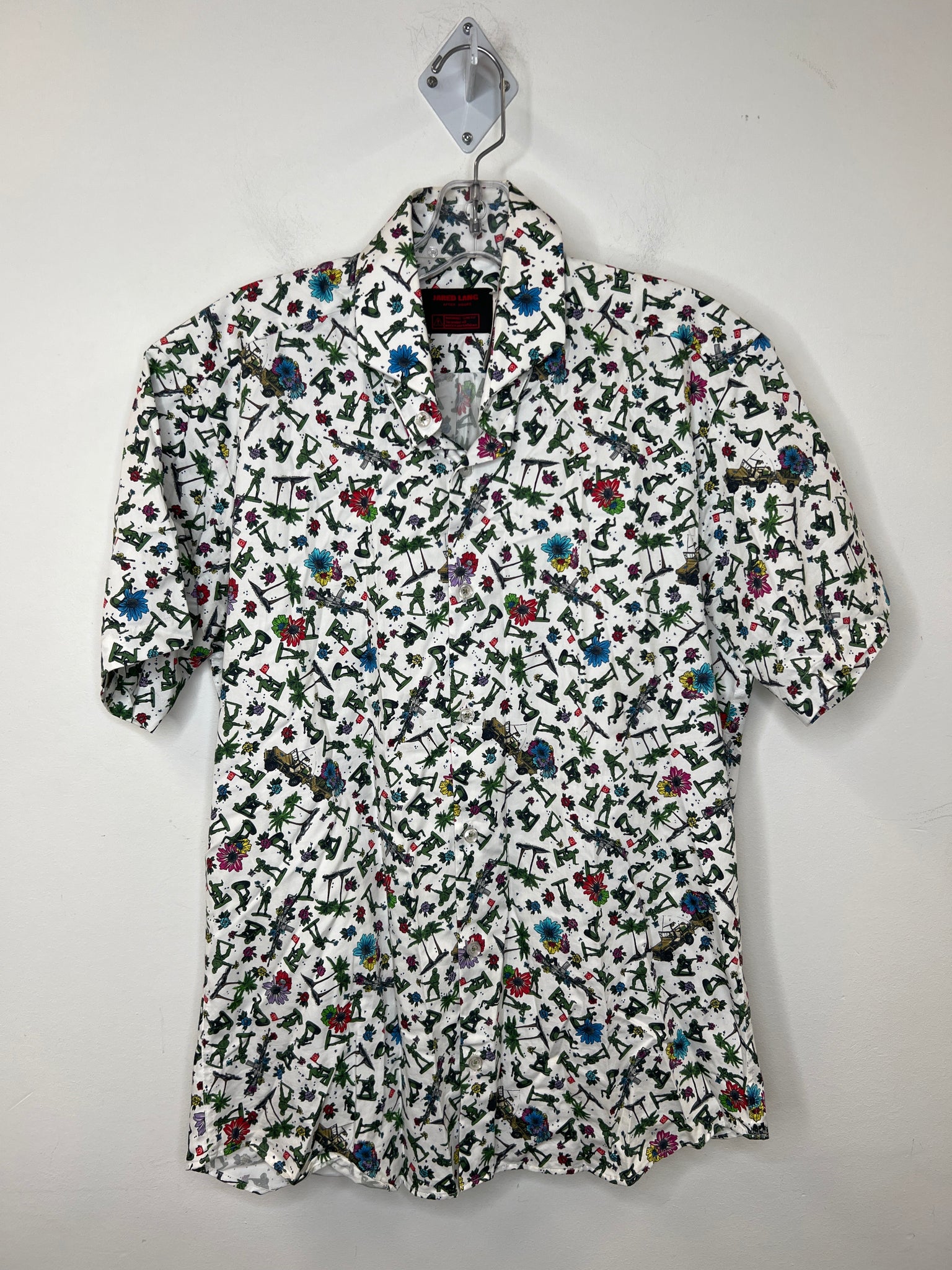 NWT Jared Lang "Green Army Men" Floral Print Graphic Short-Sleeved Button-Up Shirt (M)