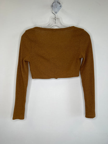 Brown Button-Up Ribbed Long-Sleeve Crop Top (S)