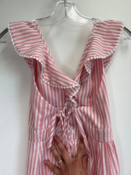 Molly Bracken Pink Stripe Ruffle Neckline High/Low Dress (S)