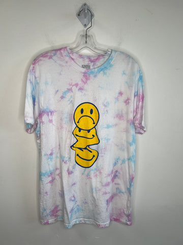 Strange Futures "Turn That Frown Updown" Tie-dye Smiley Face Graphic T-shirt (L)