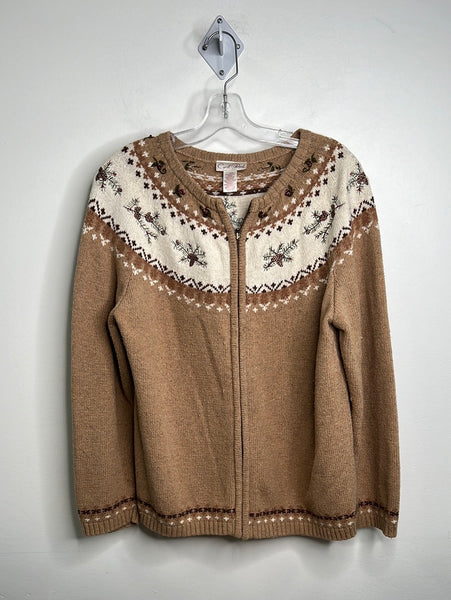 Retro Carroll Reed Embroidered Zip Up Cardigan Sweater (L)