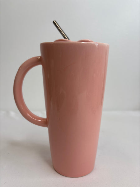 Strawberry Ceramic Large Ice Coffee Mug with Straw
