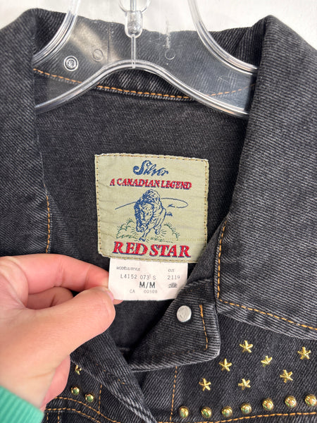 Vintage Silver Red Star Studded Denim Mini Dress (M)