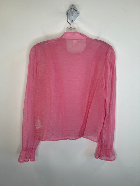 H&M Sheer Baby Pink Ruffle Button-Up Long-Sleeve Blouse (12)