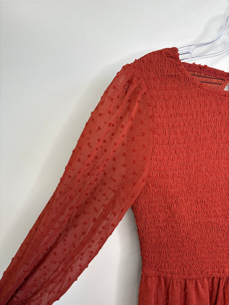 Casual Sheer Long Sleeve Crewneck Dot Midi Dress (S)