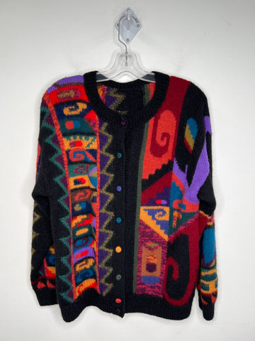 Vintage Hand-Made Multi-coloured Knitted Button-Up Long-Sleeve Cardigan