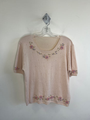 Vintage Baby Pink Floral Short-Sleeved Shirt (M)