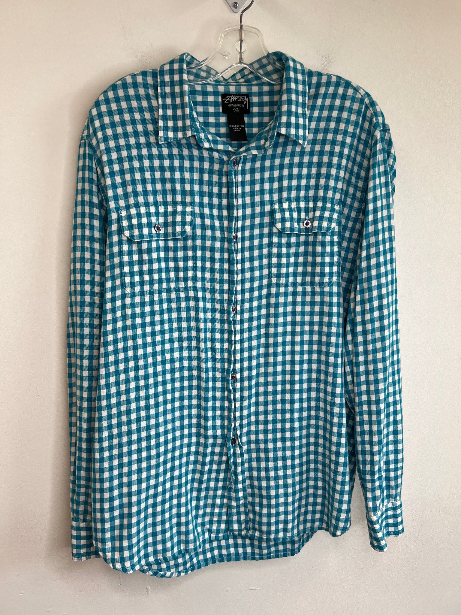 Stüssy Authentic Baby Blue Checkered Long-Sleeve Button-Up Shirt (XL)