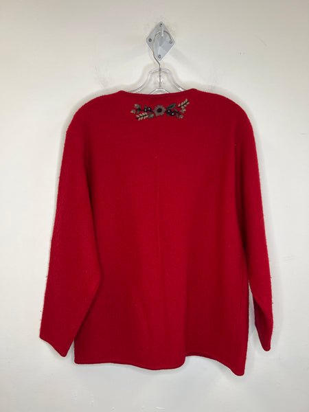 M.A.T Red Button-Up Embroidered Pure Wool Long-Sleeve Sweater (M)