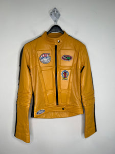 Abby Shot Custom Clothiers The Bride Kill Bill Mustard Yellow Graphic Leather Motorcycle Jacket (XS)