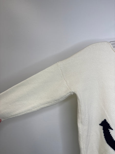 L.O.G.G Blue & White Anchor Graphic Cotton-Blend Cropped Quarter-Sleeve Knit Sweater (XS)