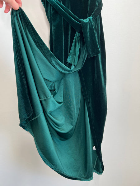 Deep Green Velvet V-Neck Sleeveless Wrap Style Maxi Dress