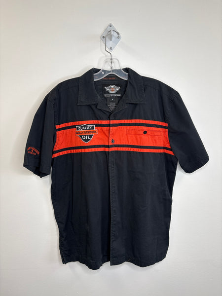 Harley Davidson Black & Orange Embroidered Mechanic Short Sleeve Button-Up Work Shirt (M)