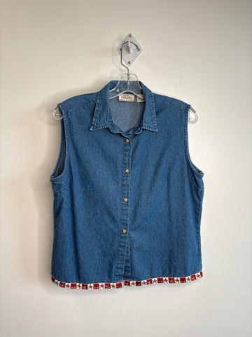 Vintage Ash Creek Trading Western Trim Cotton Button-Up Chambray Sleeveless Top (L)