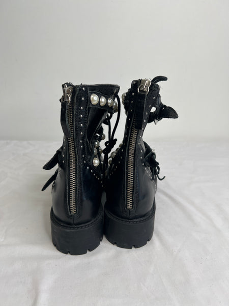 Zara Basic Collection Faux Pearl Studded Black Lace Up Combat Boots (US 8)