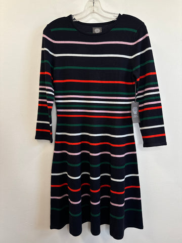 NWT Vince Camuto Navy Multi-coloured Striped Long-Sleeve Fit And Flare Dress (M)