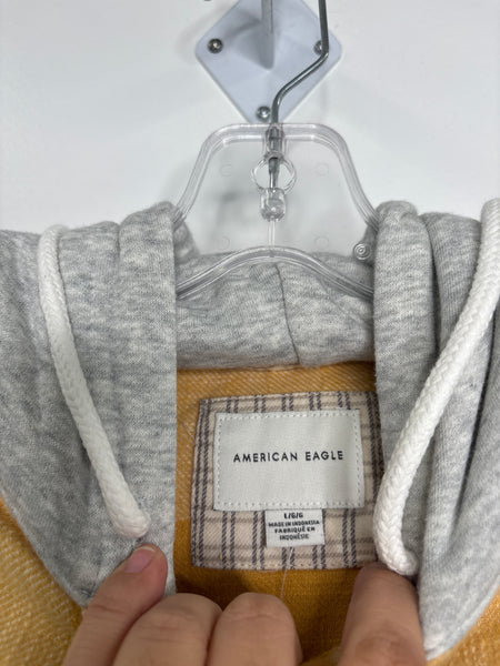 American Eagle Plaid Hooded Cropped Long-Sleeve Top (L)