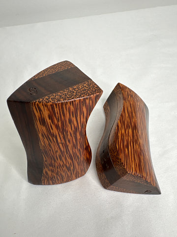 SET OF 2 Palm Wood Wooden Salt + Pepper Shakers