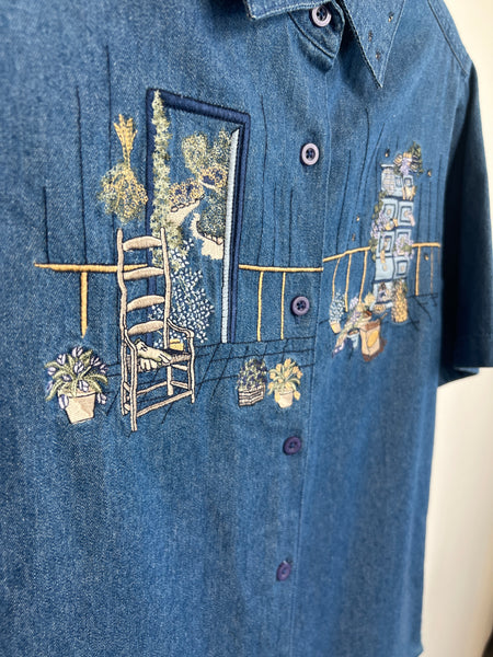 Vintage Tradition Country Collection Embroidered Denim Short-Sleeved Button-Up Shirt (S)