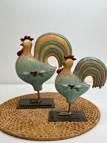 Set of 2 Russ Berrie Folk Art Rooster Handpainted Figurine Decor