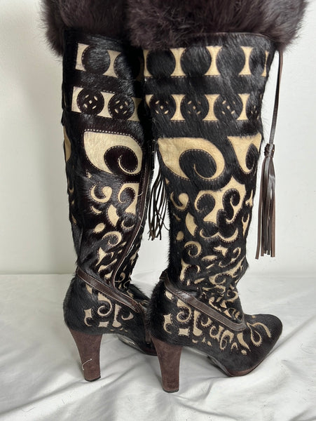 Cochni Women's Leather Fur Trim Tall Dress Boots (US size:8)