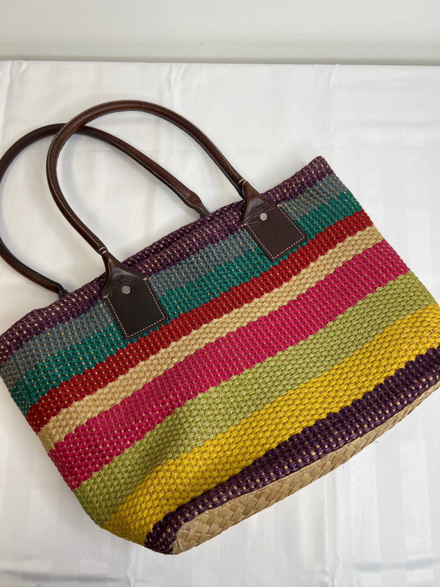 Gap Striped Straw Tote with Leather Handles