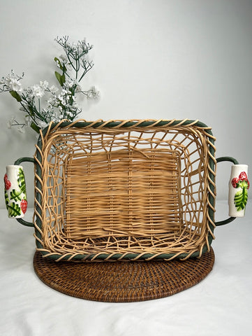 Woven Wicker Basket With Strawberry Ceramic Handles