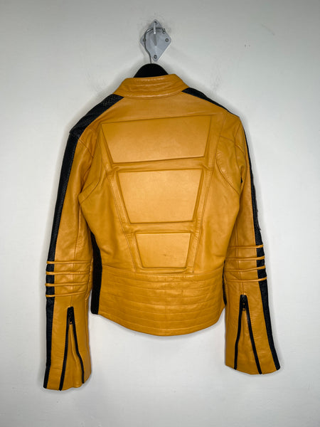 Abby Shot Custom Clothiers The Bride Kill Bill Mustard Yellow Graphic Leather Motorcycle Jacket (XS)