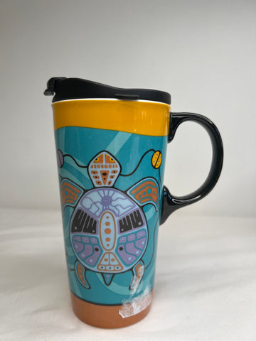 Native Northwest Blue "Turtle" Print Ceramic Travel Mug