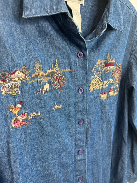 Vintage Tradition Country Collection Denim Orchard Scene Embroidered Long Sleeve Button Up Shirt (S)