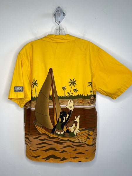 Walt Disney World Yellow "Mickey And Pluto At the Beach" Graphic Short-Sleeved Button-Up Shirt (S)