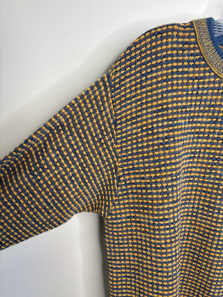 Hugo Boss Blue & Yellow Cotton-Linen Blend Waffle-Knit Pullover Sweater