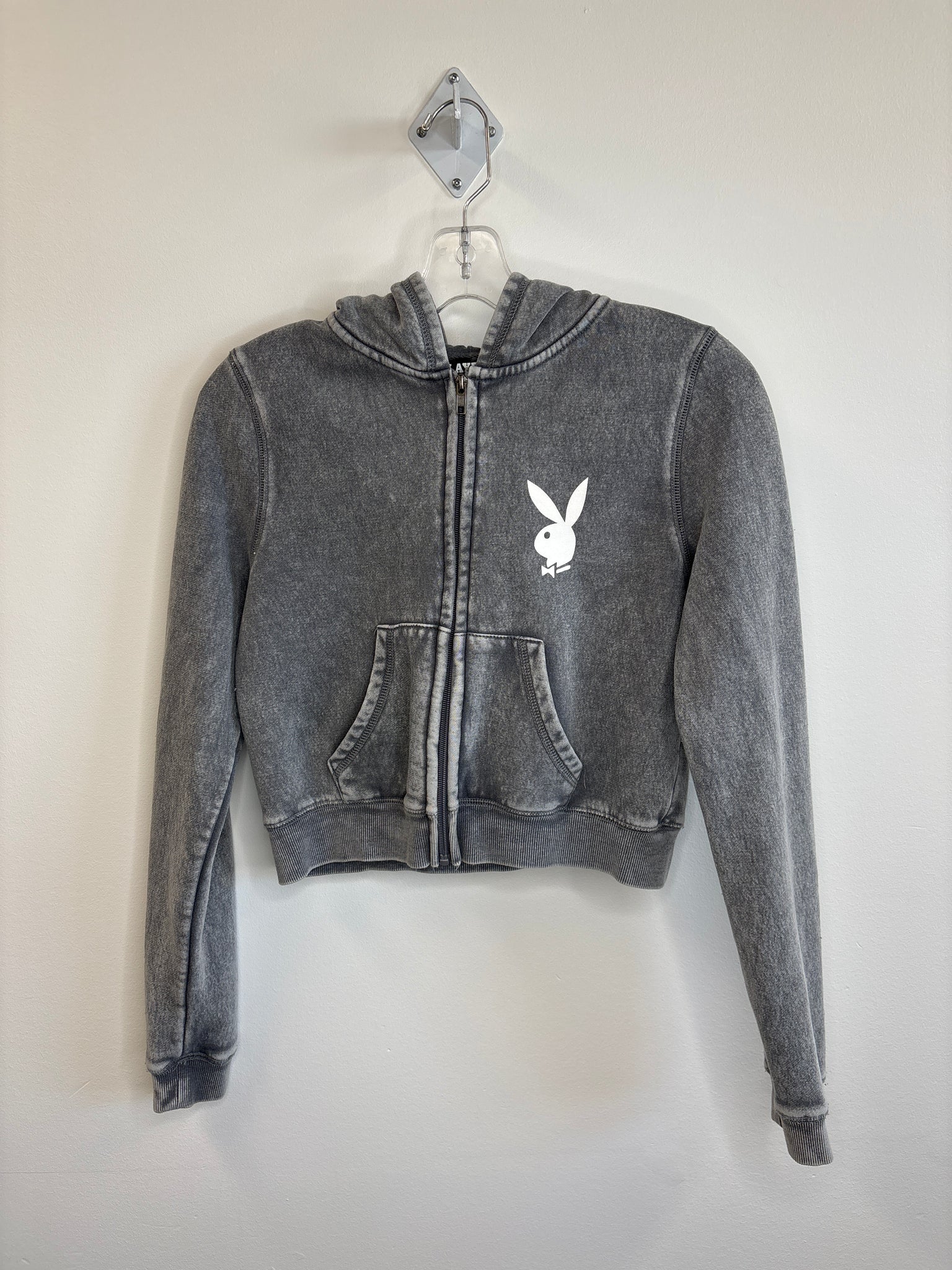 Playboy Acid Grey Logo Print Cropped Hoodie (S)