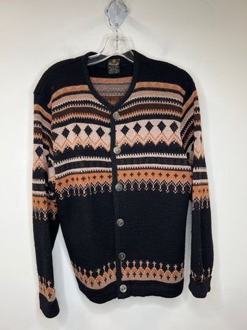 Vintage Norvyk Brown Nordic Print Knitted Button-Up Long-Sleeve Sweater (L)