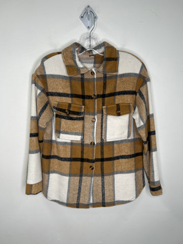 Tan/White Plaid Fleece Long-Sleeve Button-Up Shacket