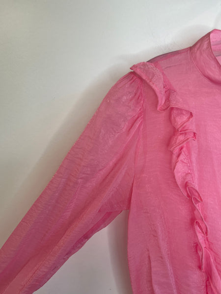 H&M Sheer Baby Pink Ruffle Button-Up Long-Sleeve Blouse (12)