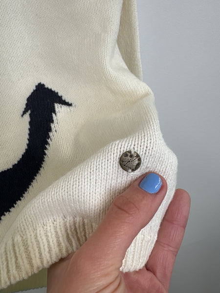 L.O.G.G Blue & White Anchor Graphic Cotton-Blend Cropped Quarter-Sleeve Knit Sweater (XS)