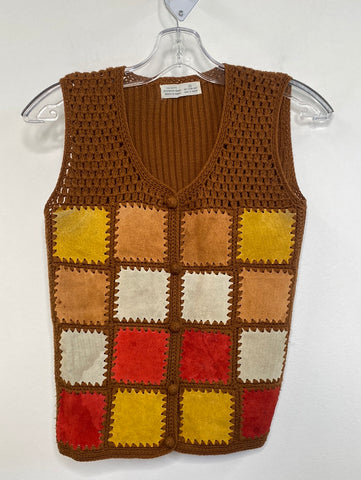 Vintage Patchwork Suede Knitted Top (M)