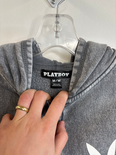 Playboy Acid Grey Logo Print Cropped Hoodie (S)