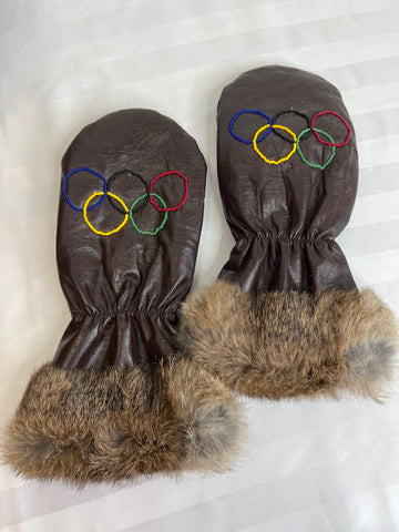 Vintage Olympic Rings Design Brown Leather Gloves With Fur Trim (M)