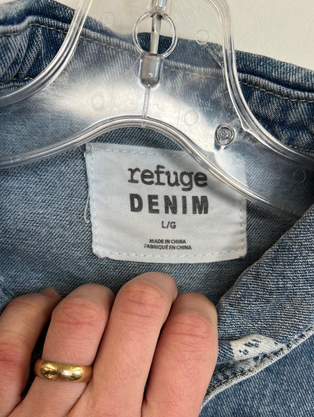 Refuge Butterfly Print Cropped Raw Hem Denim Jacket (L)