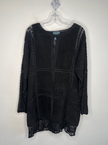 Vintage Michel Anton Tricot BlackBohemian Crochet Long-Sleeve Leather Suede Patchwork Cardigan (2X)