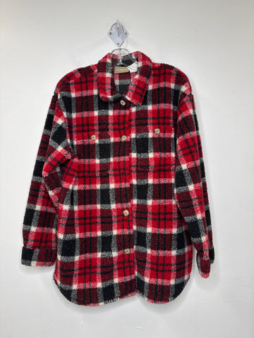 Liz Claiborne Red Plaid Fleece Long-Sleeve Button-Up Jacket (M)