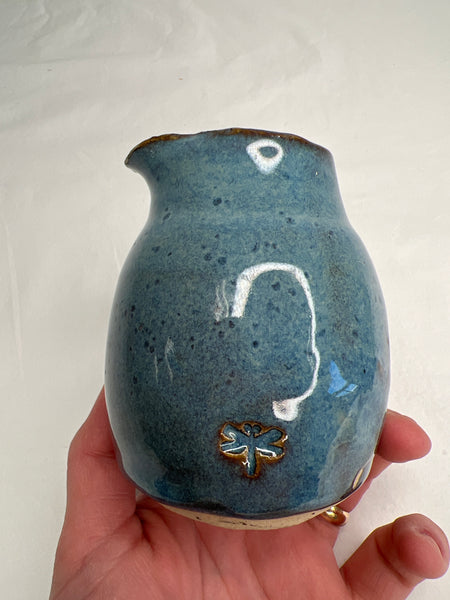 Small Blue Glazed Ceramic Pitcher (Dragonfly Stamp)