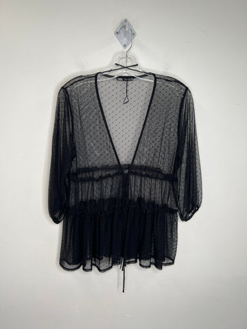 Zara Black Sheer Long-Sleeve Tie-up Fronted Top (S)