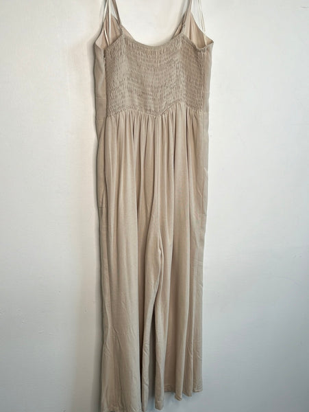 Everly Beige Tie Front Sleeveless Jumpsuit (S)